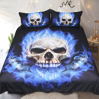 HKM-482067 Blue Flame Skull 3-Piece Bedding Set in Polyester