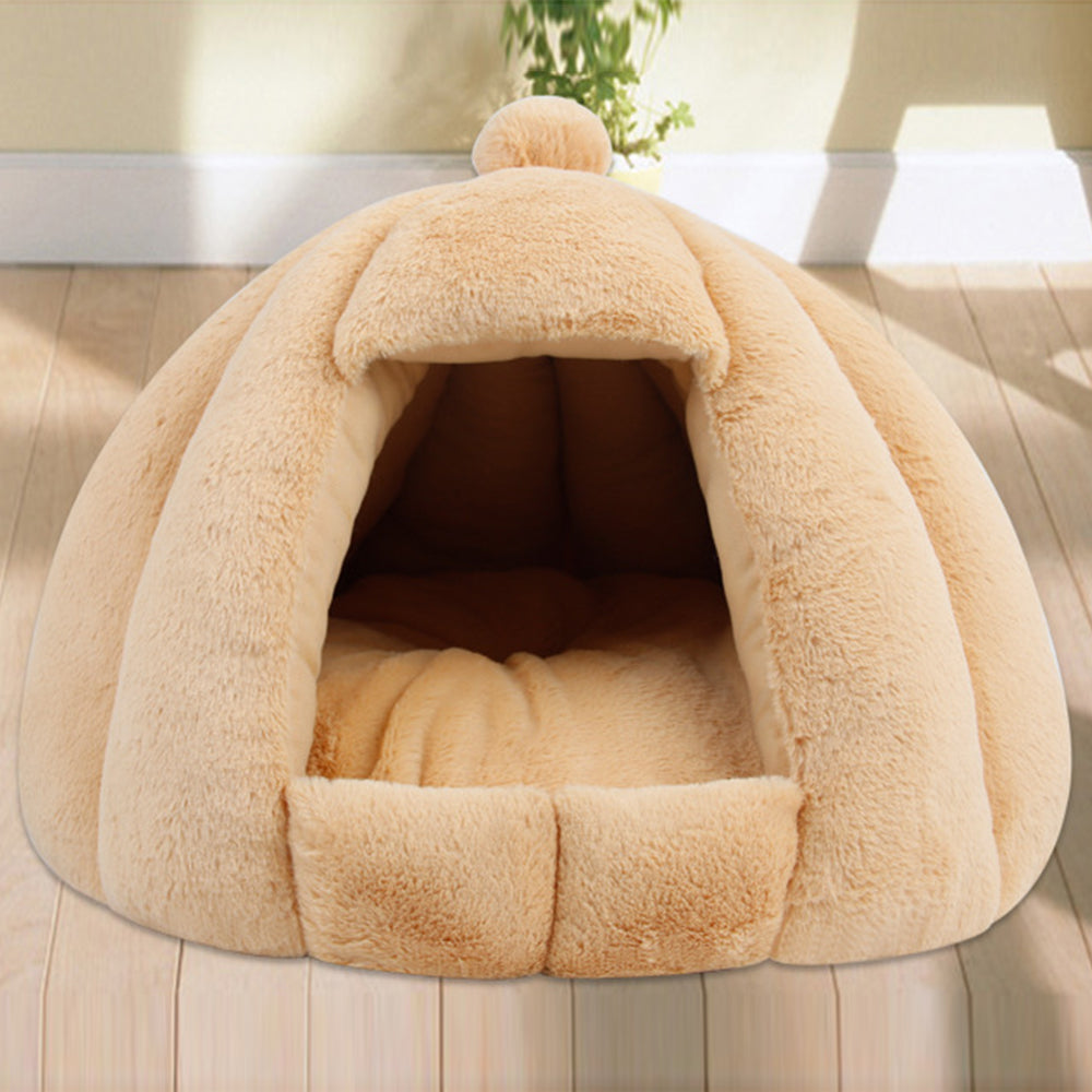 HKM-4821949 Thickened Plush Yurt Nest for Cats and Dogs - Cozy Rabbit and Pull Plush Design in Orange, Yellow, and Grey