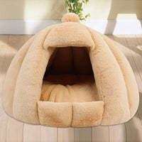 HKM-4821949 Thickened Plush Yurt Nest for Cats and Dogs - Cozy Rabbit and Pull Plush Design in Orange, Yellow, and Grey