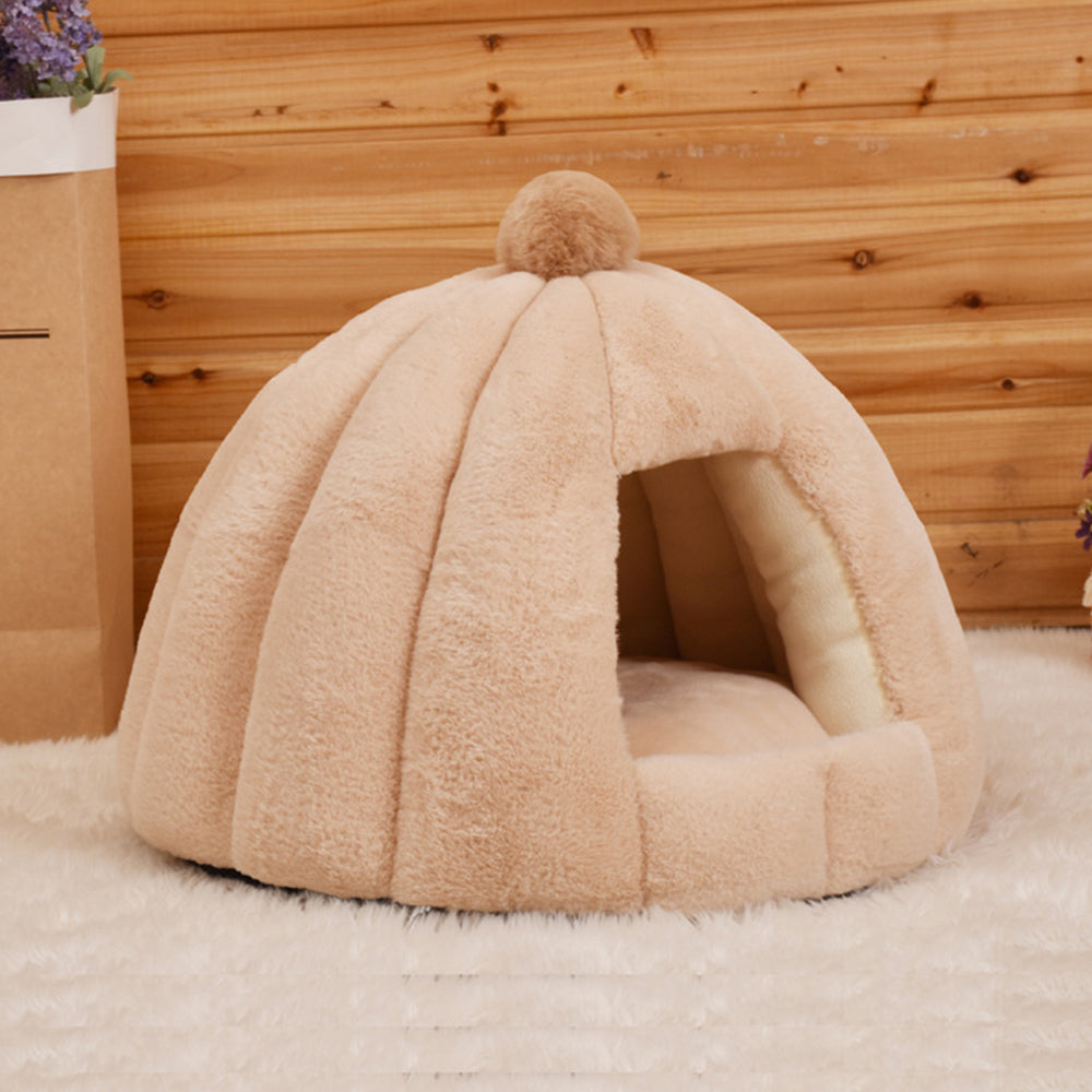 HKM-4821949 Thickened Plush Yurt Nest for Cats and Dogs - Cozy Rabbit and Pull Plush Design in Orange, Yellow, and Grey