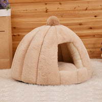 HKM-4821949 Thickened Plush Yurt Nest for Cats and Dogs - Cozy Rabbit and Pull Plush Design in Orange, Yellow, and Grey