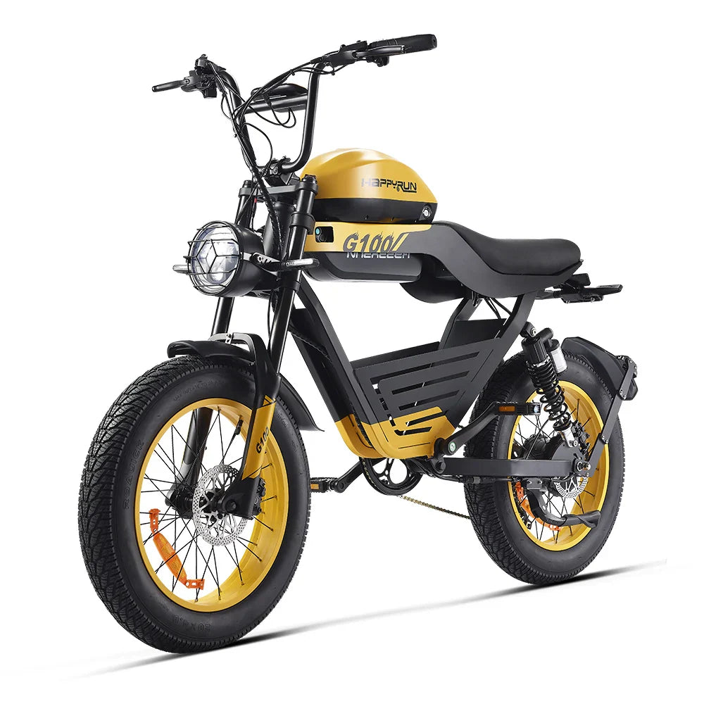 HKM-482195 HappyRun Tank G100 Yellow Electric Bike 2000W Dual Battery Long Range Street Motorcycle