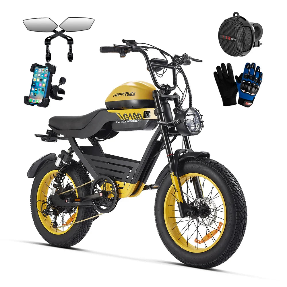 HKM-482195 HappyRun Tank G100 Yellow Electric Bike 2000W Dual Battery Long Range Street Motorcycle