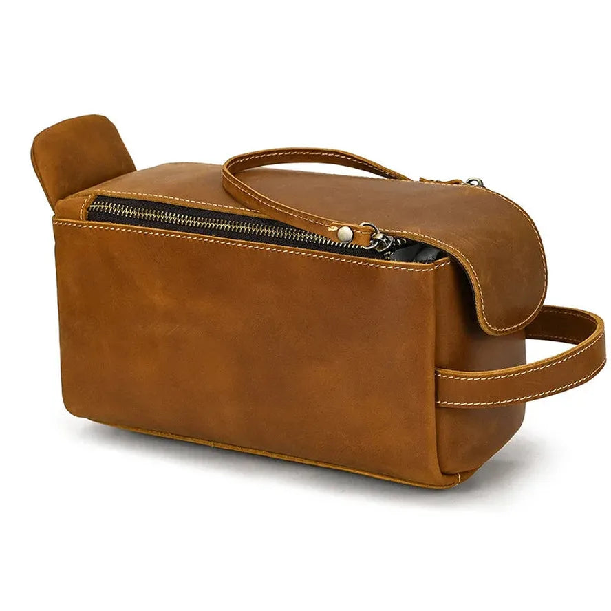 HKM-482323 Retro Large Capacity Cowhide Leather Wash Bag for Men and Women