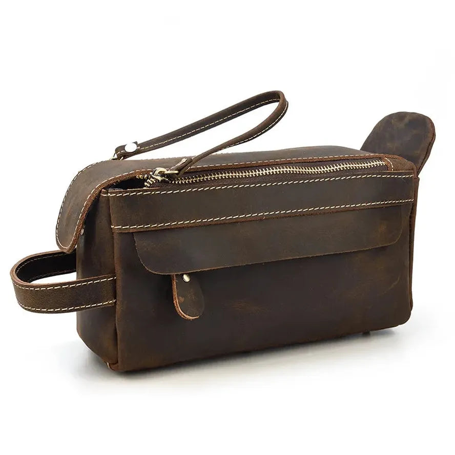 HKM-482323 Retro Large Capacity Cowhide Leather Wash Bag for Men and Women