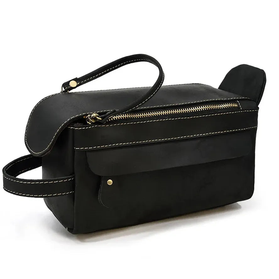 HKM-482323 Retro Large Capacity Cowhide Leather Wash Bag for Men and Women