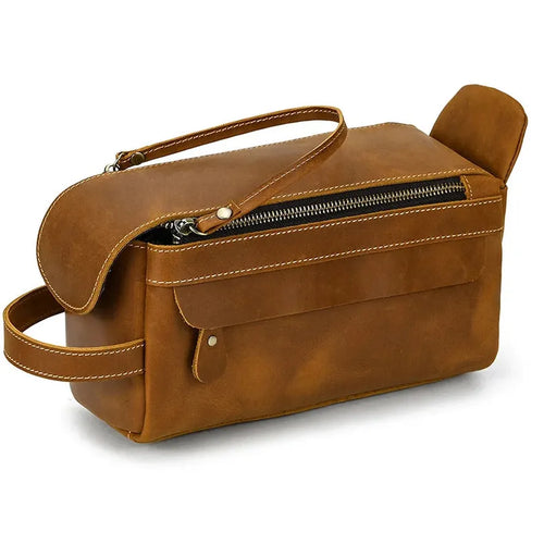 HKM-482323 Retro Large Capacity Cowhide Leather Wash Bag for Men and Women