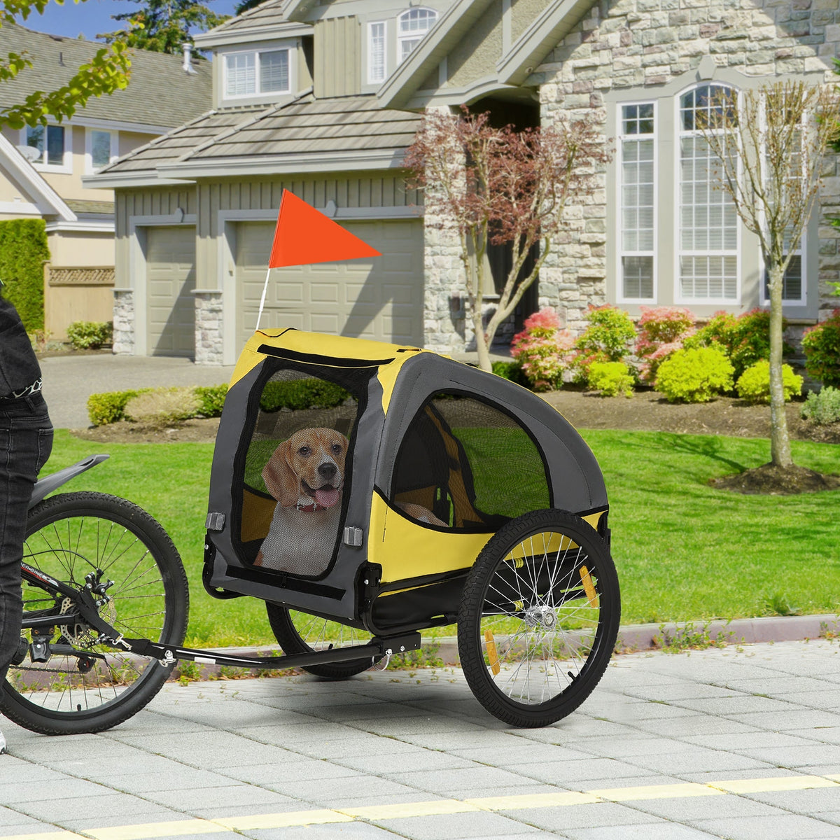 HKM-4823357 Dog Bike Trailer with Mesh Windows and Safety Leash, Fits Medium Dogs Up to 44 lbs, Quick-Release Wheels, Yellow