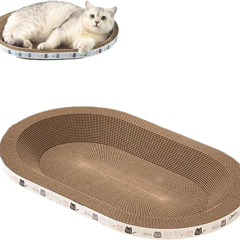 HKM-482451 Oval Cat Scratch Bed and Lounger - 2 in 1 Cardboard Cat Scratcher Bowl for Indoor Cats, Cozy Nest with Raised Rim