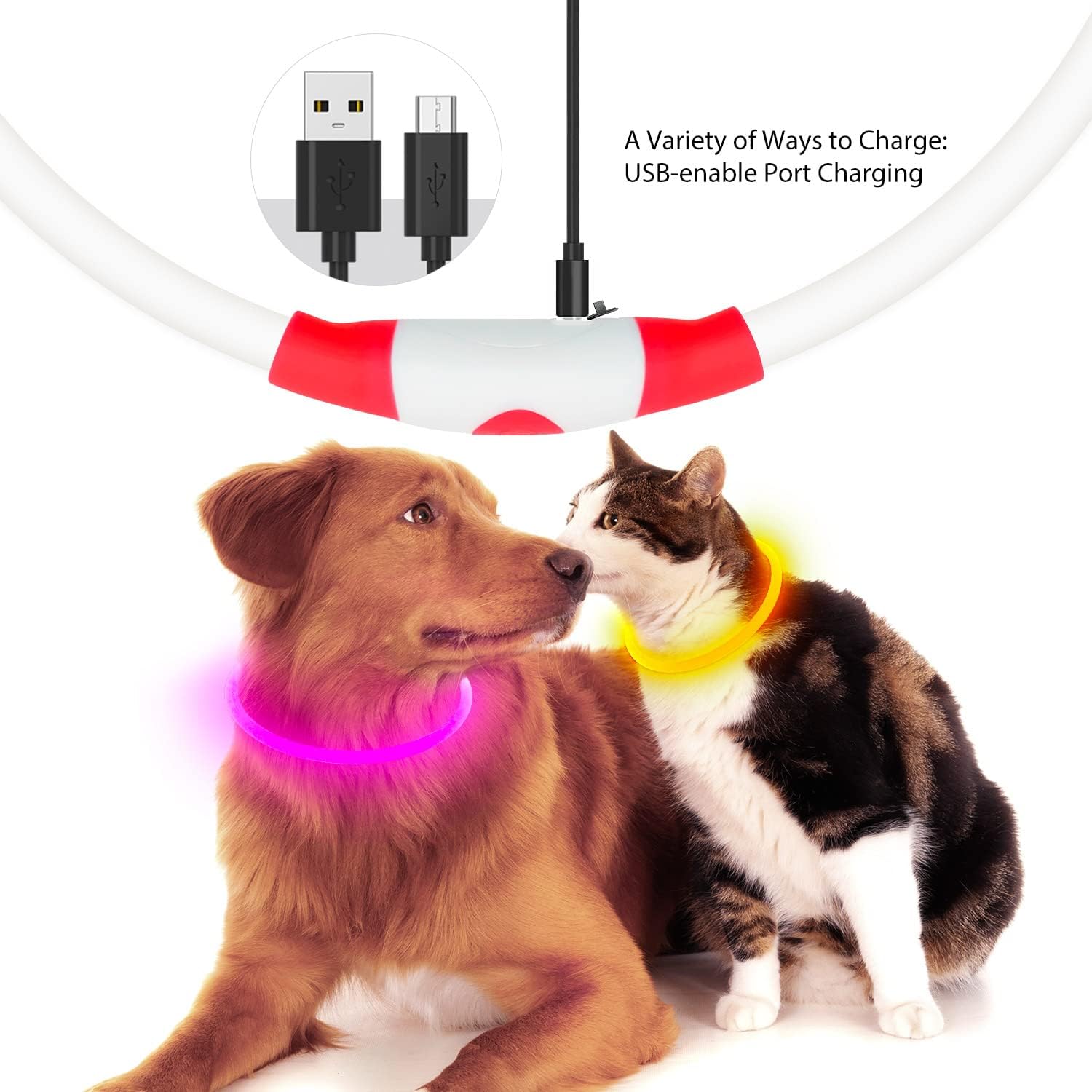 HKM-4825149 LED Dog Collar - Rechargeable Glow in the Dark Safety Necklace for Pets, Adjustable Fit, USB Charging