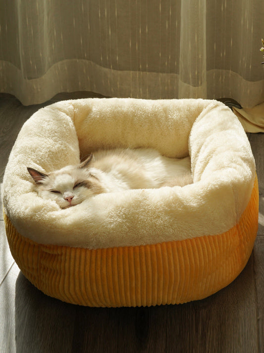 HKM-4827709 Cozy Semi-Enclosed Cat Bed with Blanket - Arctic Fleece & Flannel