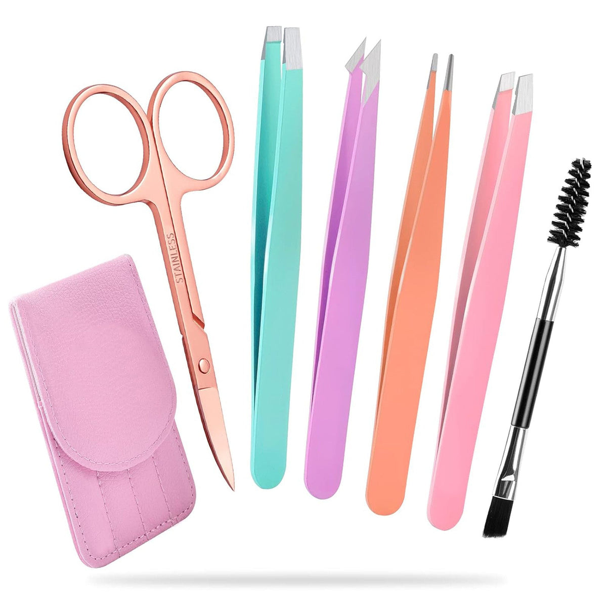HKM-482835 6-Piece Stainless Steel Eyebrow Tweezers Set with Curved Scissors and Brush for Precise Shaping and Ingrown Hair Removal