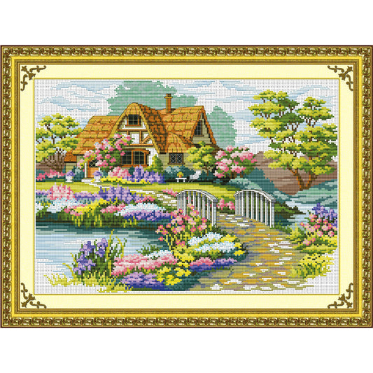 HKM-483091 Ecological Cotton Landscape Cross Stitch Material for Living Room Crafting - 53x41cm, Single-Sided Embroidery