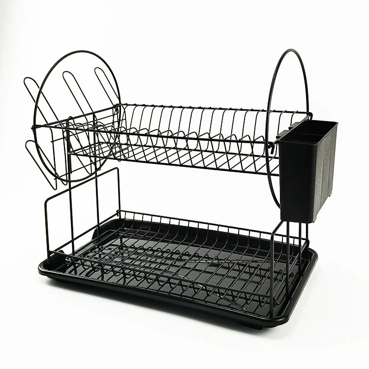 HKM-483155 2-Tier Large Black Steel Dish Rack with Utensil and Cutting Board Holders