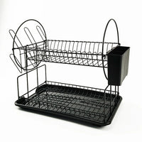HKM-483155 2-Tier Large Black Steel Dish Rack with Utensil and Cutting Board Holders