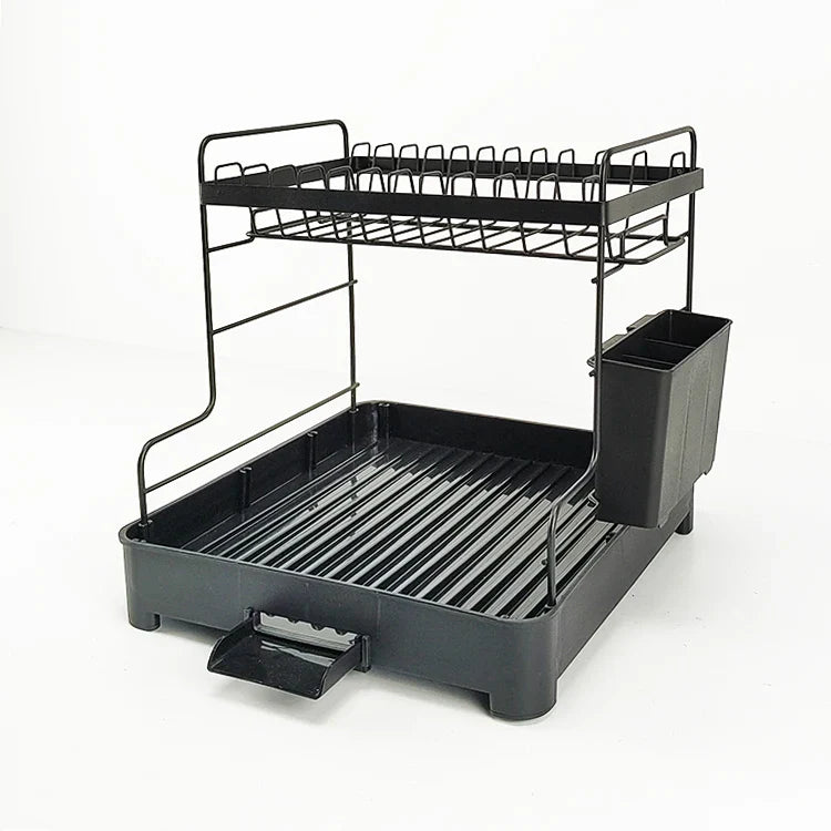 HKM-483155 2-Tier Large Black Steel Dish Rack with Utensil and Cutting Board Holders