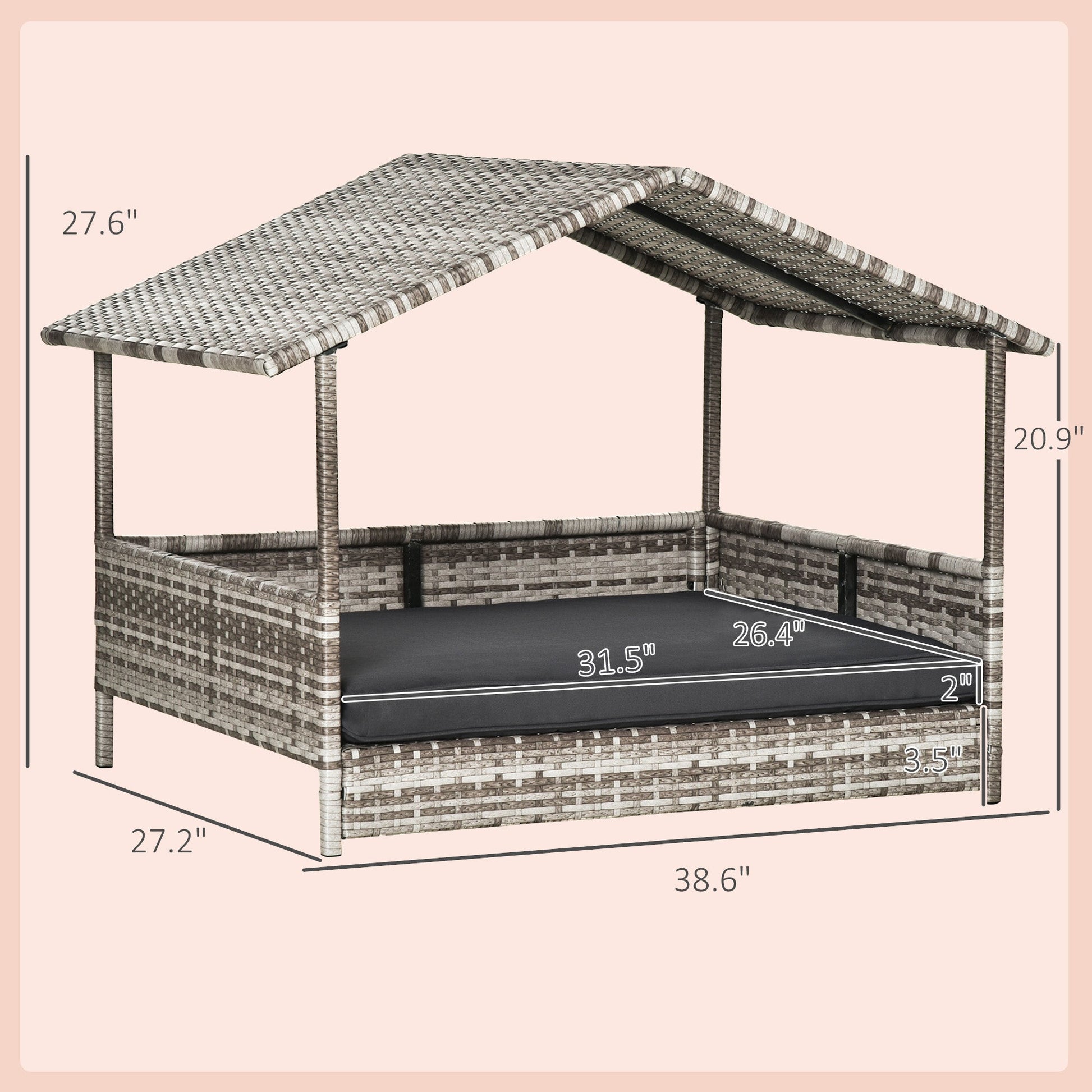 HKM-4832061 Elevated Rattan Dog House with Removable Cushion in Charcoal Gray