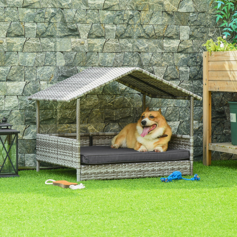 HKM-4832061 Elevated Rattan Dog House with Removable Cushion in Charcoal Gray