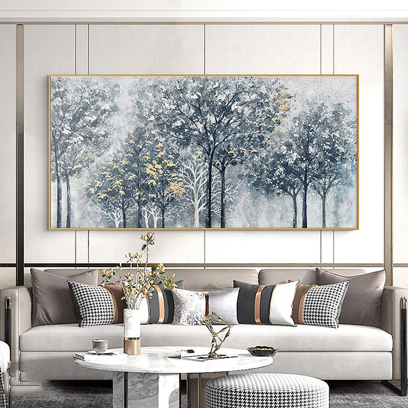 HKM-483347 Abstract Silver-Gray Forest Tree Texture Canvas Painting - Handmade Modern Oil Artwork for Home Decor
