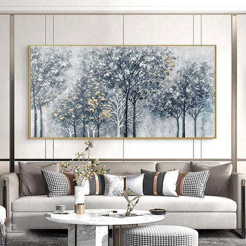 HKM-483347 Abstract Silver-Gray Forest Tree Texture Canvas Painting - Handmade Modern Oil Artwork for Home Decor
