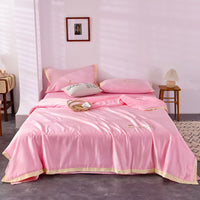 HKM-483411 Washed Silk Summer Quilt Set with Solid Color Embroidery – Fitted Sheet & Pillow Cases, Modern Style