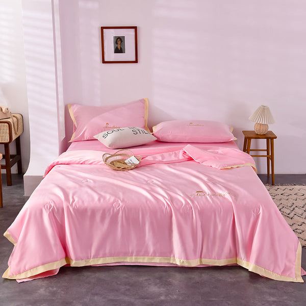 HKM-483411 Washed Silk Summer Quilt Set with Solid Color Embroidery – Fitted Sheet & Pillow Cases, Modern Style