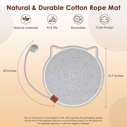 HKM-4836669 Natural Cotton Rope Cat Scratcher Pad with Hanging Toy - Round Floor Scratching Mat for Indoor Cats