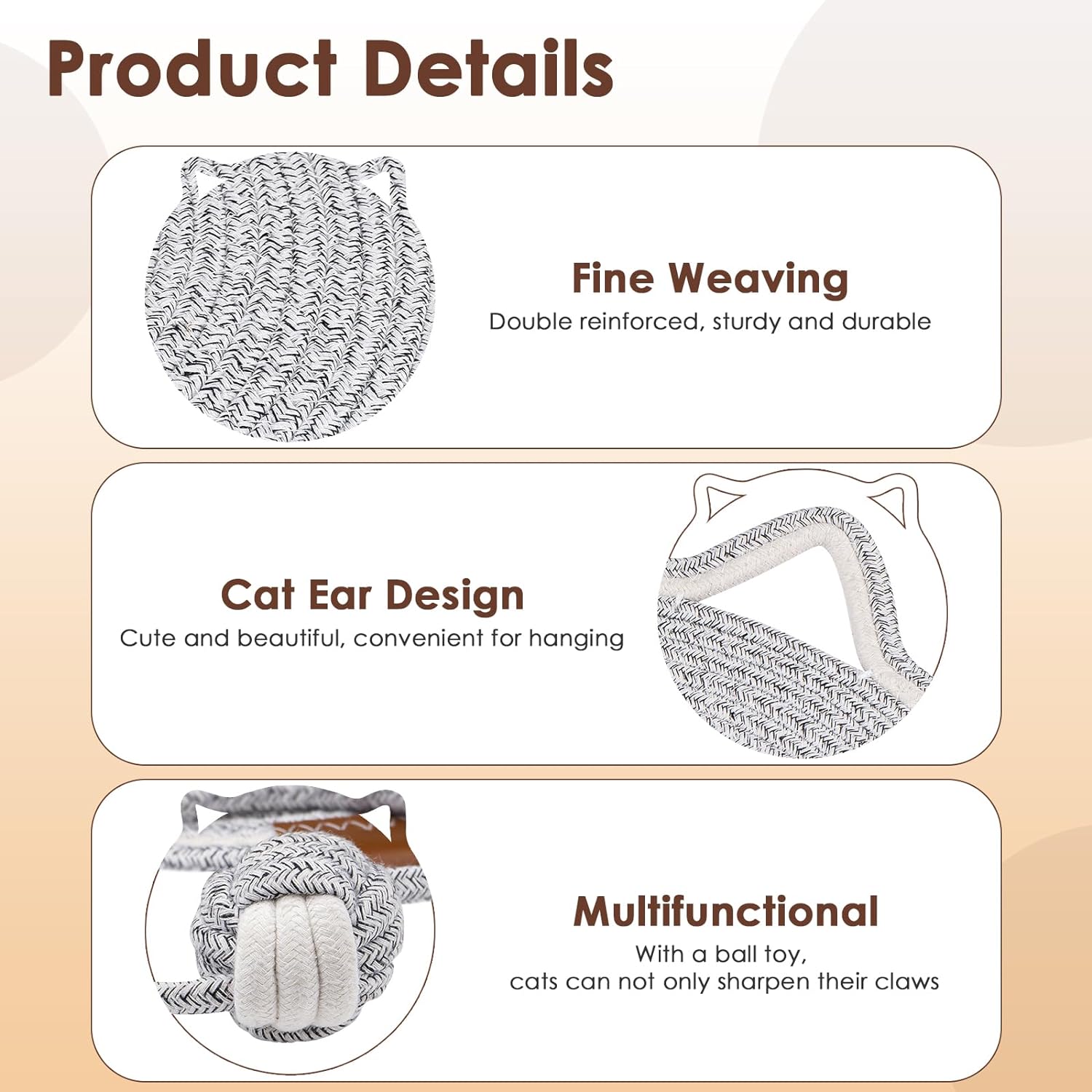 HKM-4836669 Natural Cotton Rope Cat Scratcher Pad with Hanging Toy - Round Floor Scratching Mat for Indoor Cats