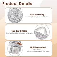 HKM-4836669 Natural Cotton Rope Cat Scratcher Pad with Hanging Toy - Round Floor Scratching Mat for Indoor Cats