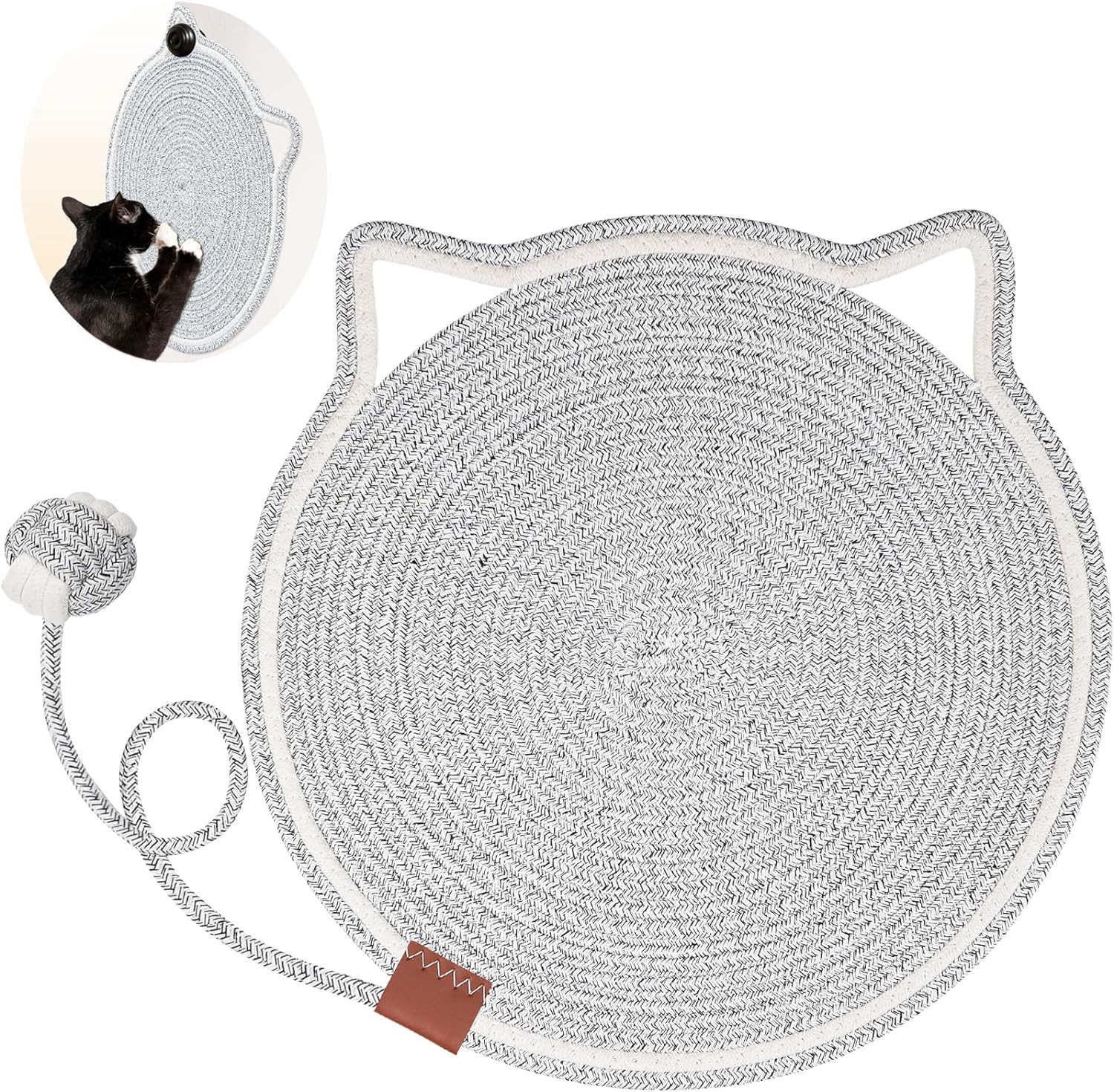 HKM-4836669 Natural Cotton Rope Cat Scratcher Pad with Hanging Toy - Round Floor Scratching Mat for Indoor Cats