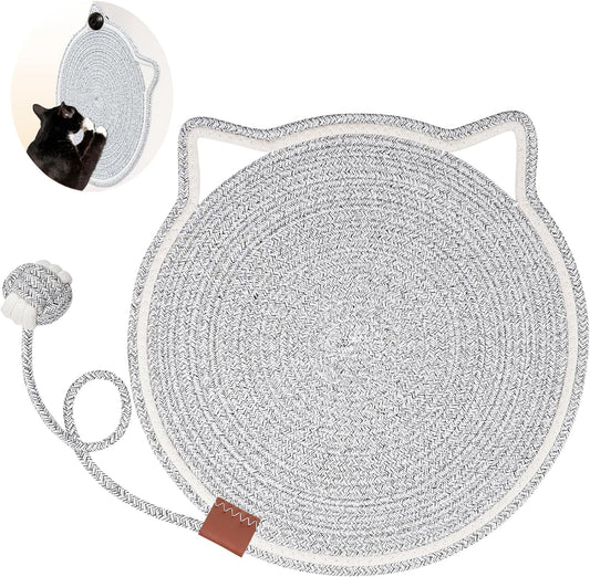 HKM-4836669 Natural Cotton Rope Cat Scratcher Pad with Hanging Toy - Round Floor Scratching Mat for Indoor Cats