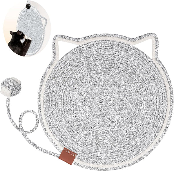 HKM-4836669 Natural Cotton Rope Cat Scratcher Pad with Hanging Toy - Round Floor Scratching Mat for Indoor Cats