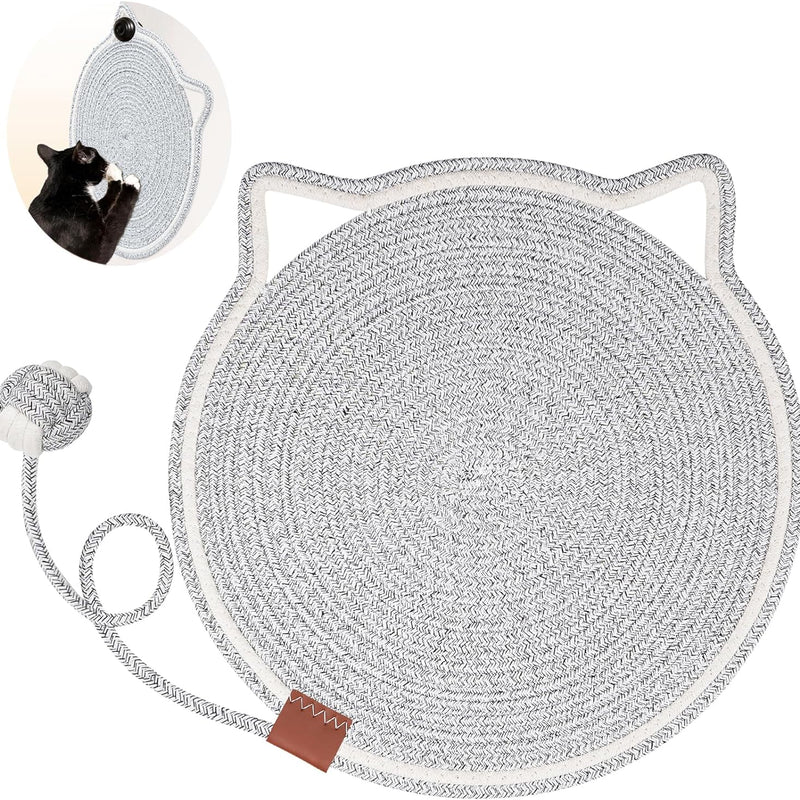 HKM-4836669 Natural Cotton Rope Cat Scratcher Pad with Hanging Toy - Round Floor Scratching Mat for Indoor Cats