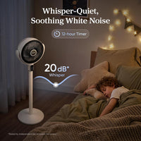 HKM-4836691 Quiet Pedestal Fan, 20dB, 1024 CFM Airflow, 90° Oscillation, 5 Speeds, 12H Timer, Remote Control, White