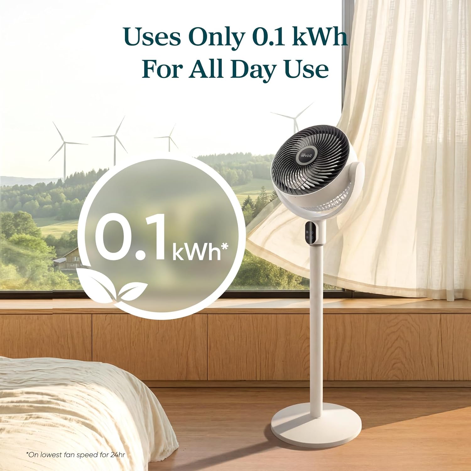 HKM-4836691 Quiet Pedestal Fan, 20dB, 1024 CFM Airflow, 90° Oscillation, 5 Speeds, 12H Timer, Remote Control, White