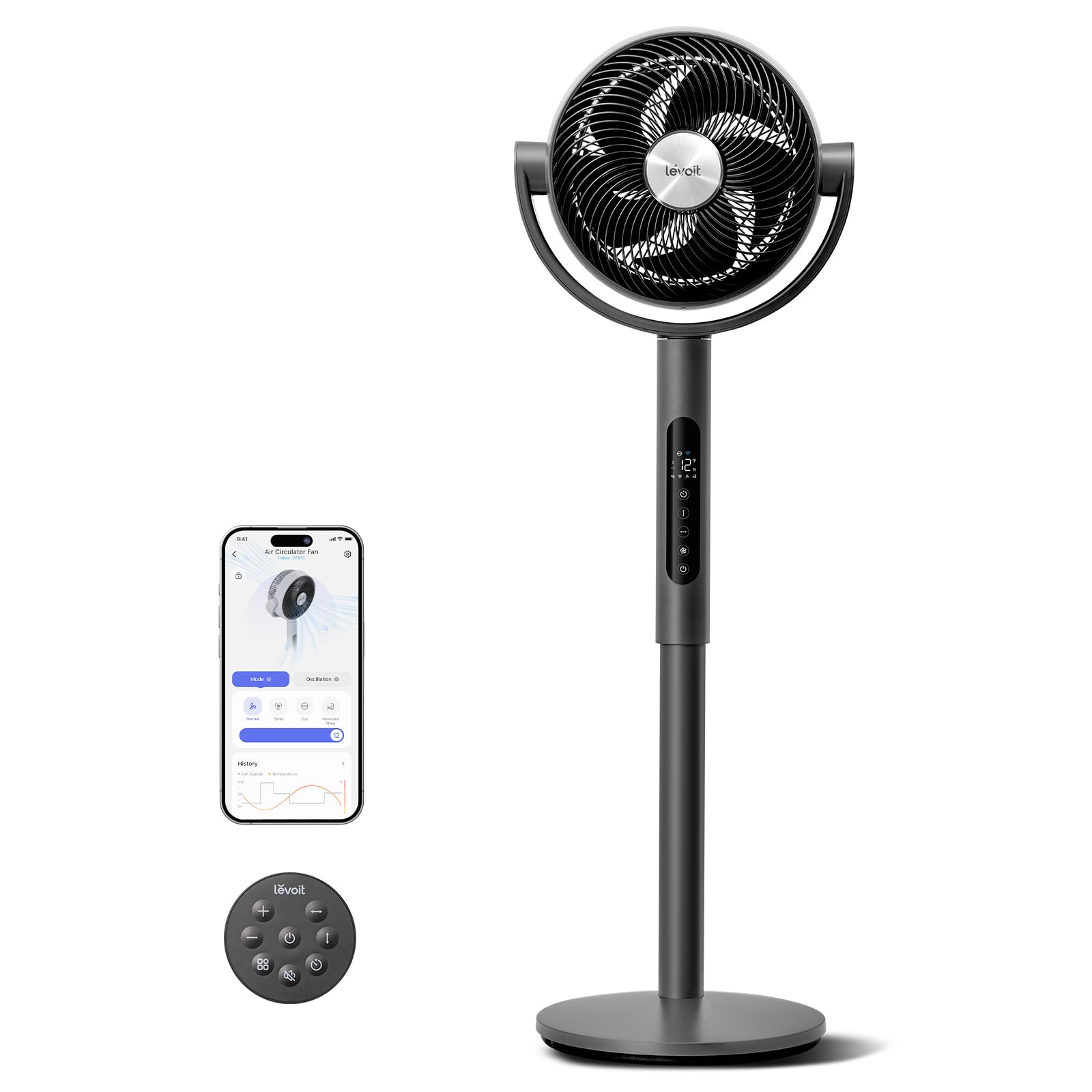 HKM-4836691 Quiet Pedestal Fan, 20dB, 1024 CFM Airflow, 90° Oscillation, 5 Speeds, 12H Timer, Remote Control, White