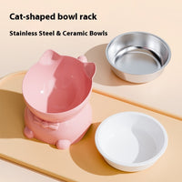 HKM-4839357 Stainless Steel Anti-Fall Oblique Cat Bowl in Black, Yellow, Pink, and Blue