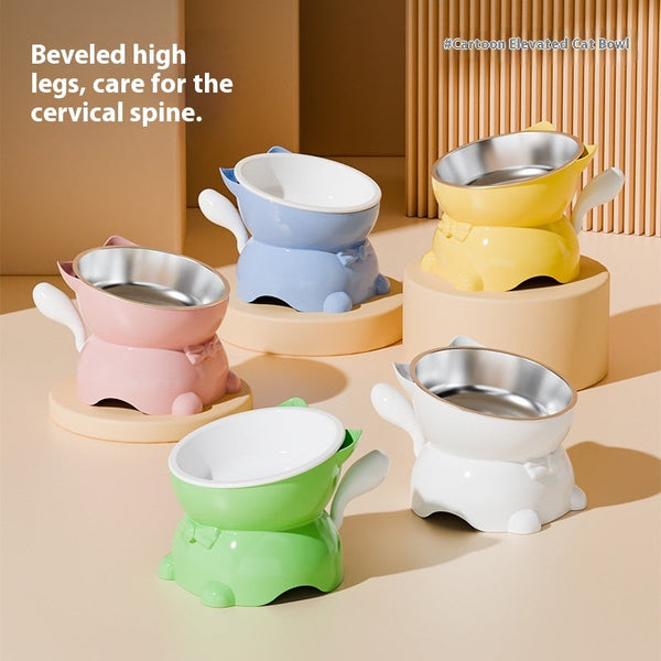 HKM-4839357 Stainless Steel Anti-Fall Oblique Cat Bowl in Black, Yellow, Pink, and Blue