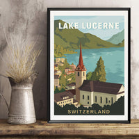 HKM-484563 Lake Lucerne Vintage Canvas Painting - Oil on Canvas, Frameless Wall Art