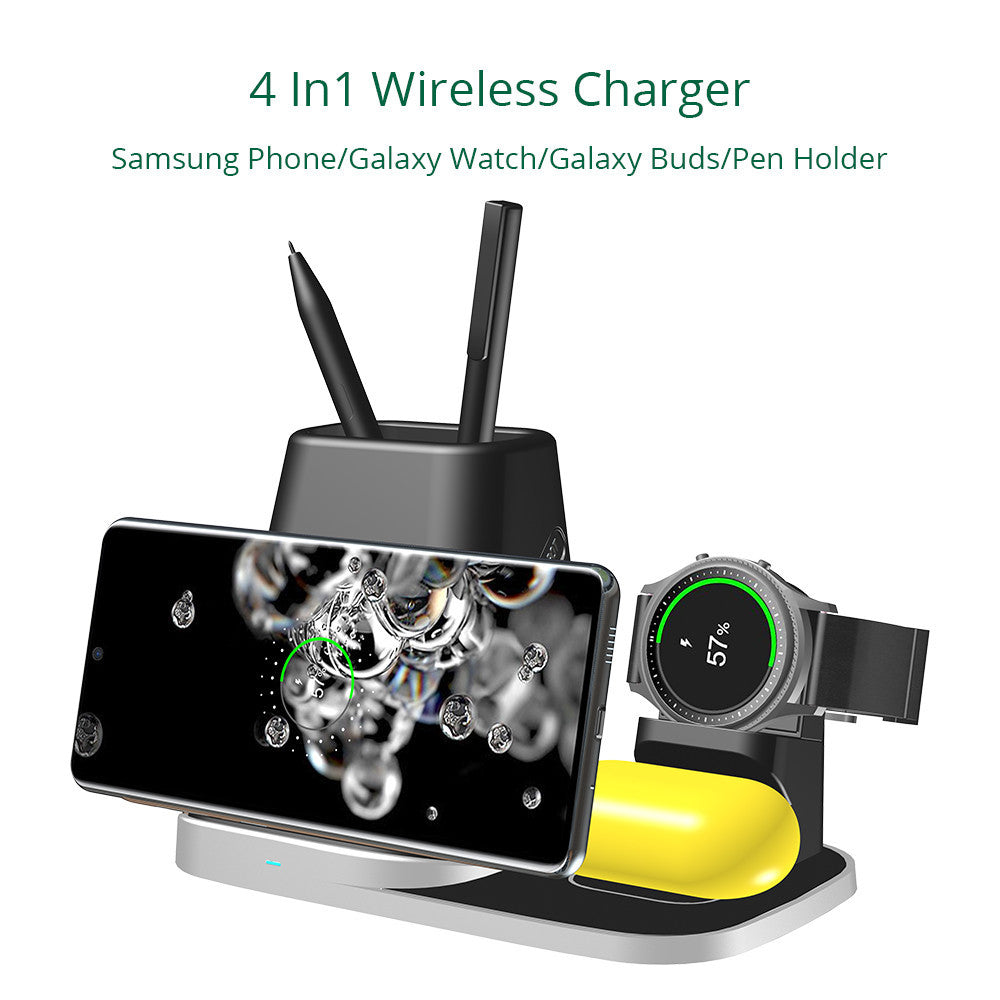 HKM-484627 Four-in-One Wireless Charger for Smartwatch and Headset - Deep Black - Model P9X-S, Compatible with Various Devices, Fast Charging up to 10W