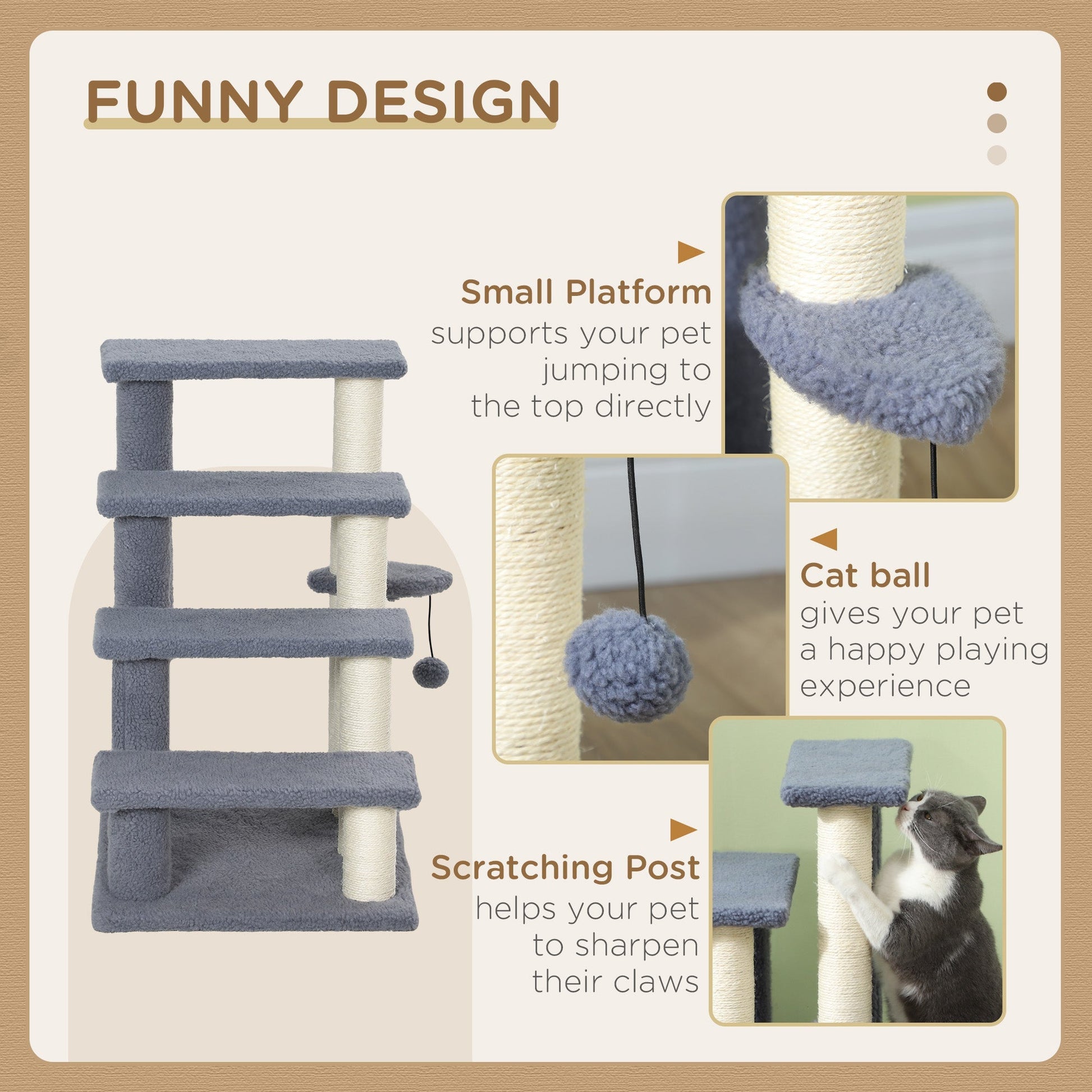 HKM-4848189 4-Level Cat Steps with Scratching Posts for Comfortable Access to Furniture, Gray