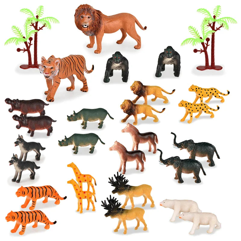 HKM-484819 Forest Animal Figurine Set with Tree - Includes Tiger, Lion, and 12 Animals, Soft Plastic Model Toys