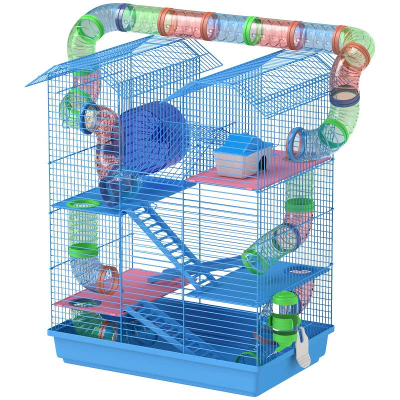 HKM-4848573 5-Tier Blue Hamster Cage with Tubes, Ramps, and Accessories for Small Pets