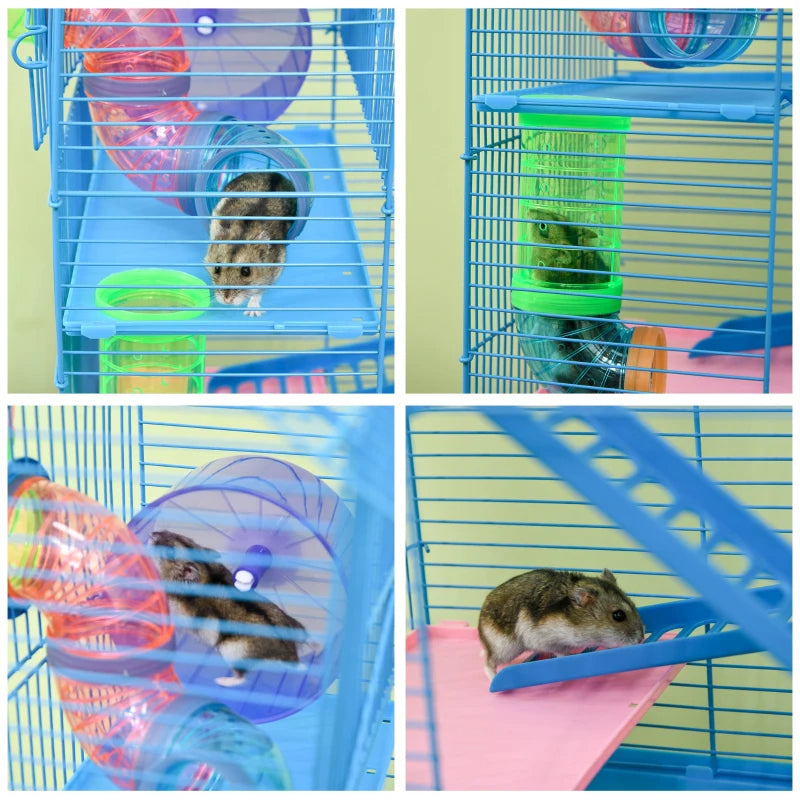 HKM-4848573 5-Tier Blue Hamster Cage with Tubes, Ramps, and Accessories for Small Pets