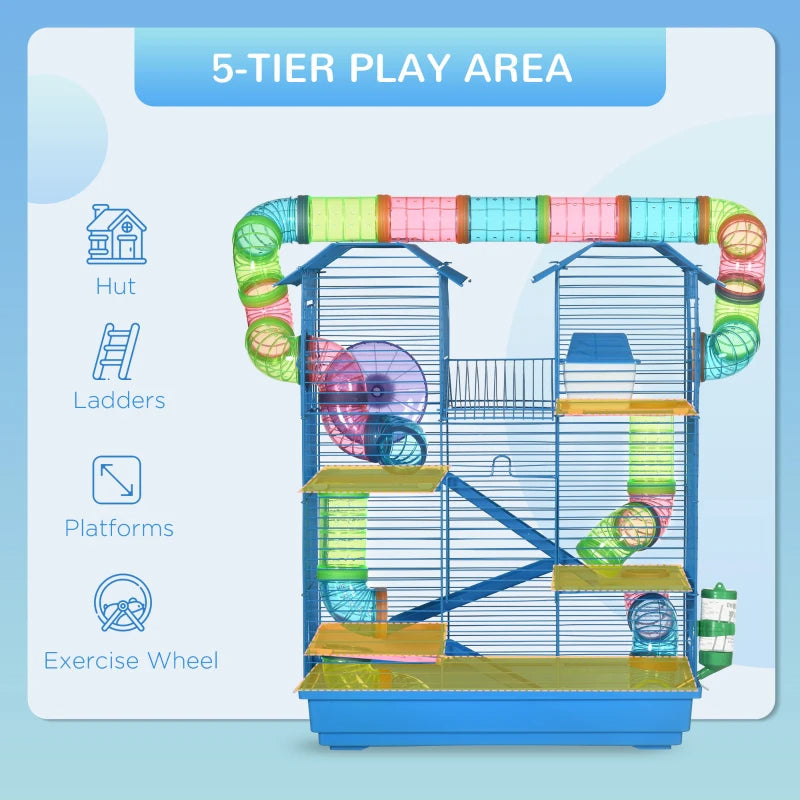 HKM-4848573 5-Tier Blue Hamster Cage with Tubes, Ramps, and Accessories for Small Pets