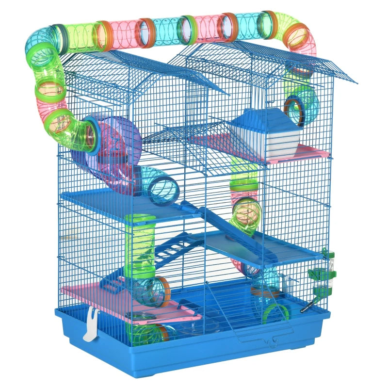 HKM-4848573 5-Tier Blue Hamster Cage with Tubes, Ramps, and Accessories for Small Pets