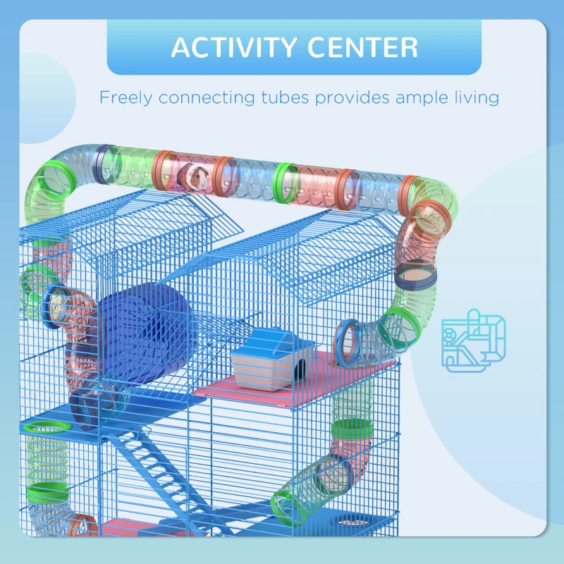 HKM-4848573 5-Tier Blue Hamster Cage with Tubes, Ramps, and Accessories for Small Pets