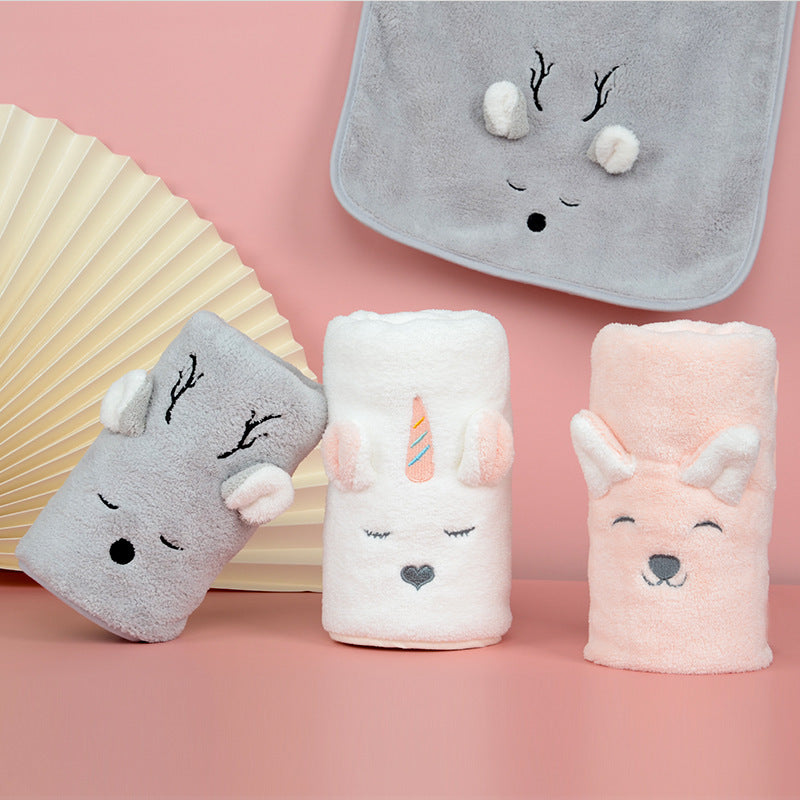 HKM-485139 Cute Cartoon Coral Fleece Face Towel for Children - Fawn & Unicorn Design, 34X76cm, Soft and Highly Absorbent