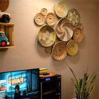 HKM-485139 Handwoven Rattan Wall Hanging Decor Set - Seasonal Boho Straw Artistry for Interior Decoration