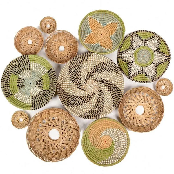 HKM-485139 Handwoven Rattan Wall Hanging Decor Set - Seasonal Boho Straw Artistry for Interior Decoration